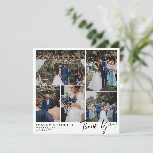 Modern Wedding Foto Collage Square Vielen Dank Dankeskarte (Stehend Vorderseite)