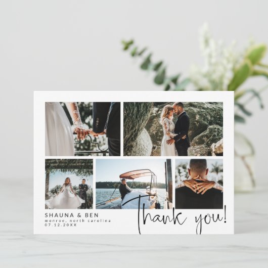 Modern Wedding Foto Collage Vielen Dank Dankeskarte (Stehend Vorderseite)