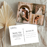 Modern Wedding Foto Collage Vielen Dank Postkarte<br><div class="desc">Schöne Hochzeitsdankkarte mit drei Ihrer Lieblings-Hochzeitsfeier-Fotos. Passen Sie die Vorderseite mit Ihrem Foto an (mit einem dunklen Foto auf der verlassen Seite hilft der weiße Text-Pop). Fügen Sie Ihre Daten zur Rückseite der Karte hinzu. Sie können eine Karte nach der anderen bestellen, wenn Sie eine individuelle Nachricht für jeden Ihrer...</div>