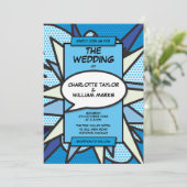 Modern Wedding Fun Designer Blue Comic Book Einladung (Stehend Vorderseite)