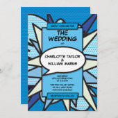 Modern Wedding Fun Designer Blue Comic Book Einladung (Vorne/Hinten)