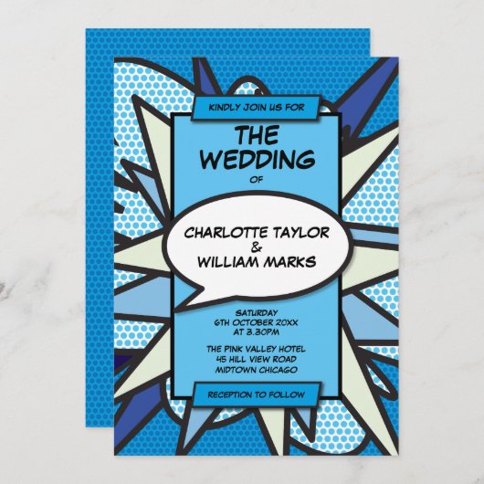 Modern Wedding Fun Designer Blue Comic Book Einladung (Vorne/Hinten)