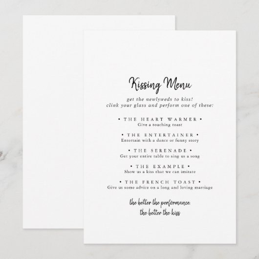 Modern Wedding Kissing Menu Game Card (Vorne/Hinten)