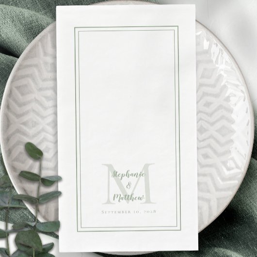 Modern Wedding Monogram Names & Date Sage Green Serviette