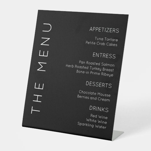 Modern WeddingMenu Schild, Schwarz/Weiß Menü Zeich Sockelschild (Vorderseite)