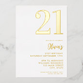 Modern Weiß und Gold Elegant 21. Geburtstag Folieneinladung (Vorderseite)
