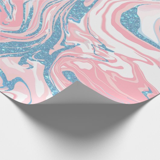 Modern weißer rosa blauer Glitzer Marmor Geschenkpapier (Ecke)