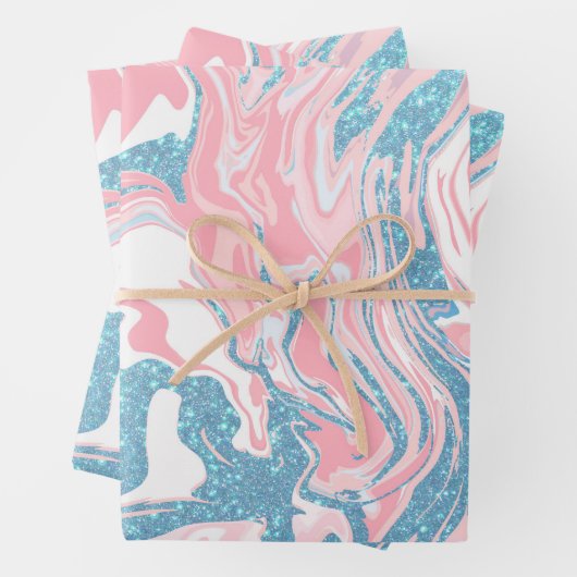 Modern weißer rosa blauer Glitzer Marmor Geschenkpapier Set (Beispiel)
