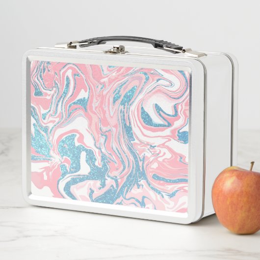 Modern weißer rosa blauer Glitzer Marmor Metall Brotdose (Beispiel)