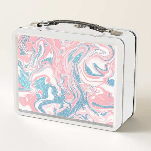 Modern weißer rosa blauer Glitzer Marmor Metall Brotdose (Rückseite)