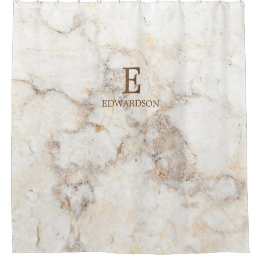 Modern weißes Marmormuster, Monogrammname Duschvorhang (Vorderseite)