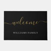 Modern Welcome Black Gold Script Familienname Fußmatte (Vorderseite)