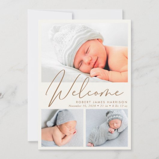 Modern Welcome Cream Gold 4 Foto Birth Ankündigung (Vorderseite)