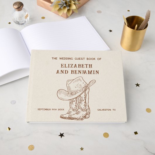 Modern Western Cowboy Boots and Hat Barn Wedding Gästebuch (Vorderseite Offen)