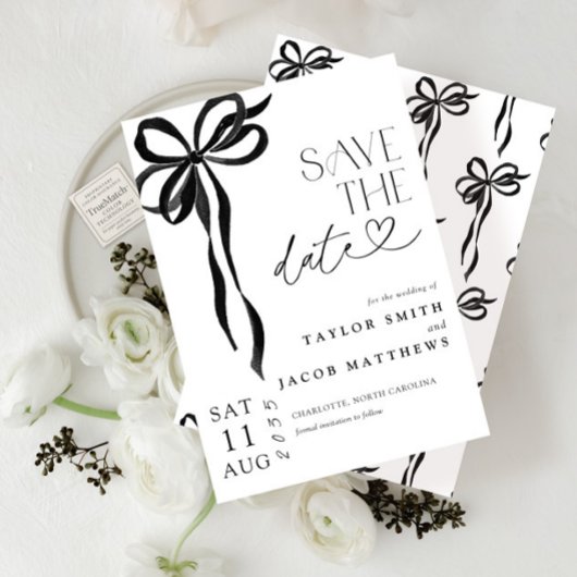 Modern Whimsical Black Bow Script Save the Date Einladung