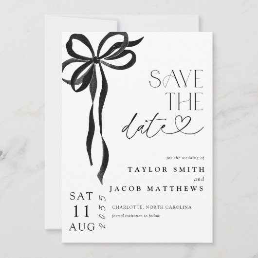 Modern Whimsical Black Bow Script Save the Date Einladung (Vorderseite)