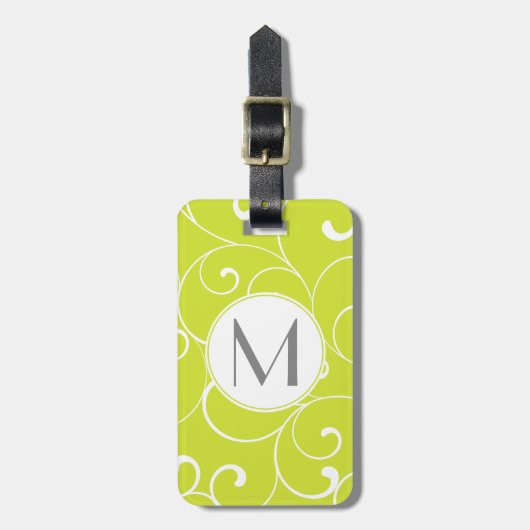 Modern Whimsical Curls Lime Green Monogram Gepäckanhänger (Vorderseite vertikal)