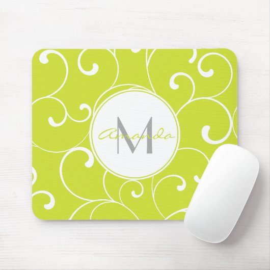 Modern Whimsical Curls Lime Green Monogram Mousepad (Mit Mouse)