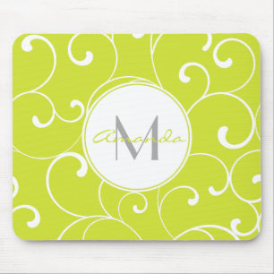 Modern Whimsical Curls Lime Green Monogram Mousepad