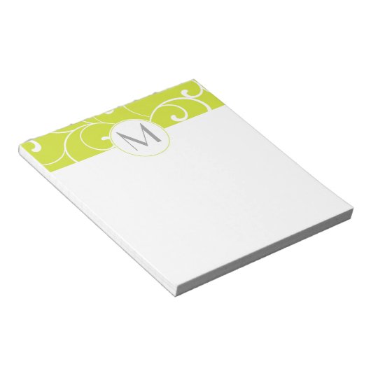 Modern Whimsical Curls Lime Green Monogram Notizblock (angewinkelt)