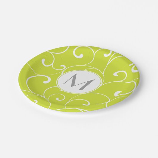 Modern Whimsical Curls Lime Green Monogram Pappteller (Schrägansicht)