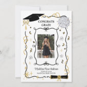 Modern Whimsical Gold Black Graduation Cap Einladung (Rückseite)
