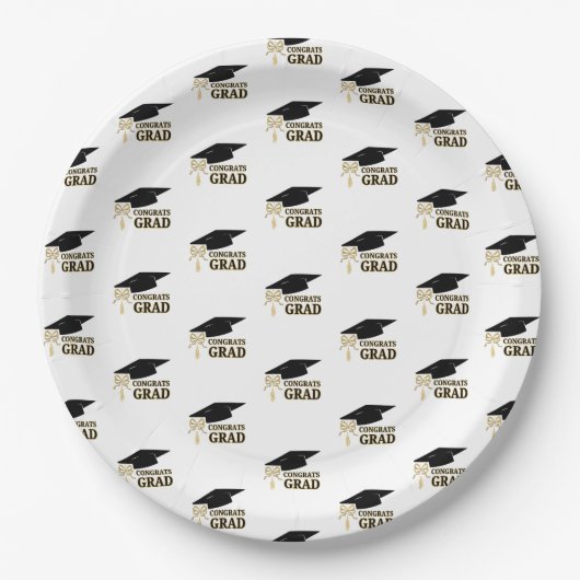 Modern Whimsical Gold Black Graduation Cap Pappteller (Vorderseite)