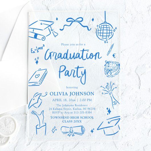Modern Whimsical Hand Drawn Blue Graduation Party Acryleinladungen
