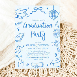 Modern Whimsical Hand Drawn Blue Graduation Party Einladung
