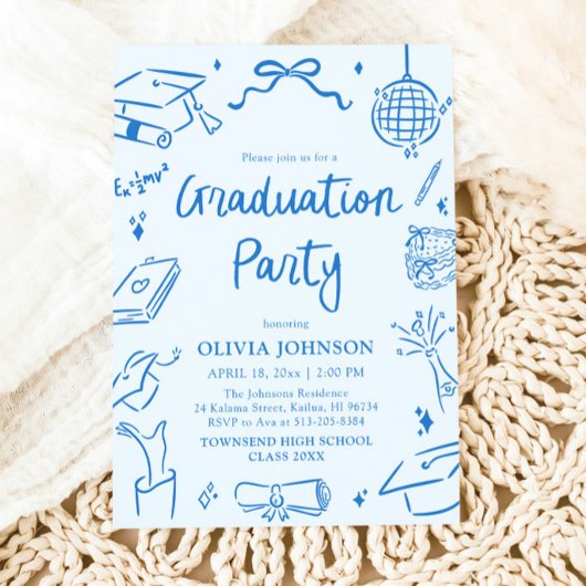 Modern Whimsical Hand Drawn Blue Graduation Party Einladung