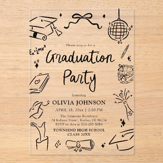 Modern Whimsical Hand Drawn Bow Graduation Party Acryleinladungen (Vorderseite)