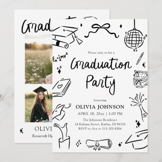 Modern Whimsical Hand Drawn Bow Graduation Party  Einladung (Vorne/Hinten)