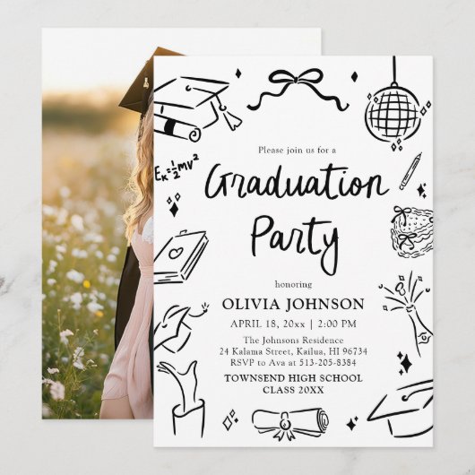 Modern Whimsical Hand Drawn Bow Graduation Party Einladung (Vorne/Hinten)