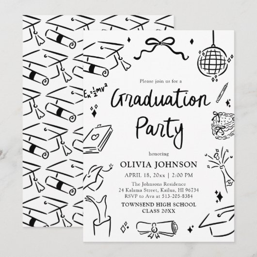 Modern Whimsical Hand Drawn Bow Graduation Party Einladung (Vorne/Hinten)