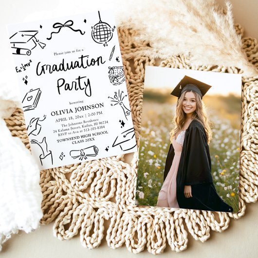 Modern Whimsical Hand Drawn Bow Graduation Party Einladung