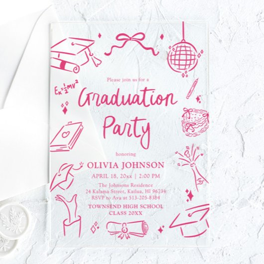 Modern Whimsical Hand Drawn Pink Graduation Party Acryleinladungen
