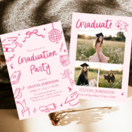 Modern Whimsical Hand Drawn Pink Graduation Party Einladung
