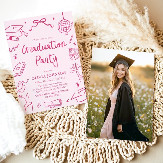 Modern Whimsical Hand Drawn Pink Graduation Party Einladung