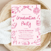 Modern Whimsical Hand Drawn Pink Graduation Party Einladung