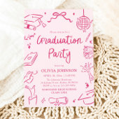 Modern Whimsical Hand Drawn Pink Graduation Party Einladung