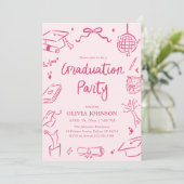 Modern Whimsical Hand Drawn Pink Graduation Party Einladung (Stehend Vorderseite)