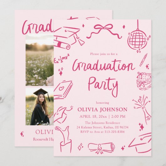 Modern Whimsical Hand Drawn Pink Graduation Party Einladung (Vorne/Hinten)