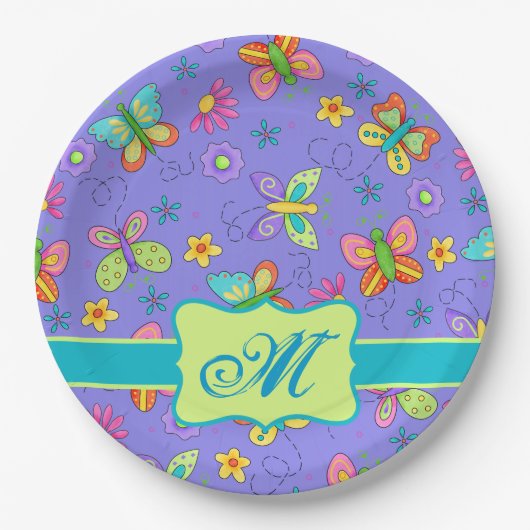 Modern Whimsy Butterfets Lila Lavendel Monogram Pappteller (Vorderseite)