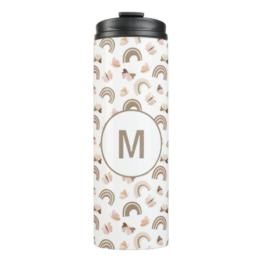 Modern Whit Pink Butterflies Rainbow Monogram Thermosbecher (Vorderseite)