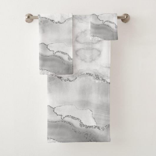 Modern White Agate Silver Imitate Glitzer Marmor Badhandtuch Set (Insitu)