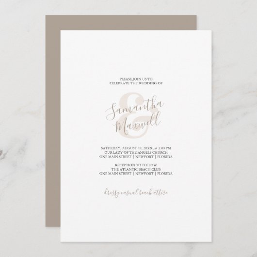 Modern White and Beige Wedding Einladung (Vorne/Hinten)