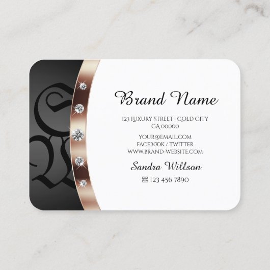 Modern White and Black Rose Gold Monogram Diamonds Visitenkarte (Rückseite)