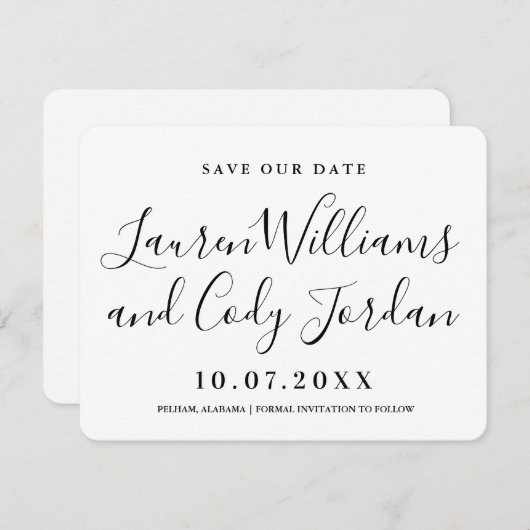 Modern White and Black Script Save the Date Einladung (Vorne/Hinten)