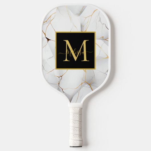 Modern White and Gold Marbled Monogram Name Pickleball Schläger (Vorderseite)