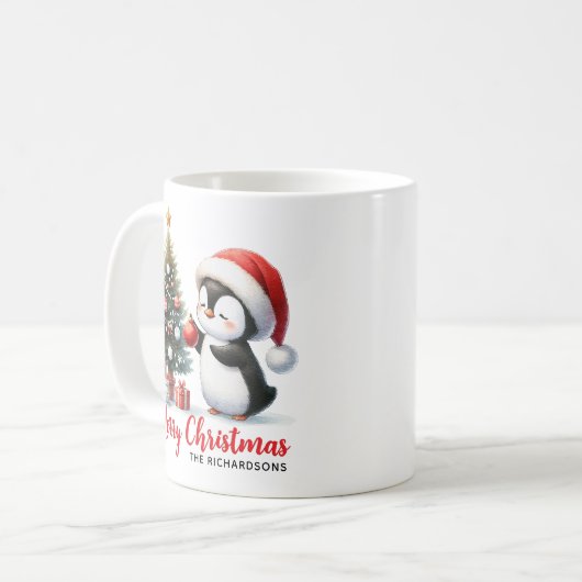 Modern White and Red Fun Pinguin Frohe Weihnachten Kaffeetasse (Vorderseite Links)